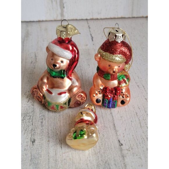 Teddy bear blown glass ornament Xmas set present drum - Picture 1 of 8